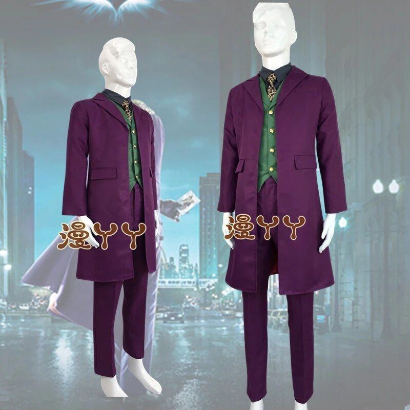 The Dark Knight Joker Cosplay Costume Movie Joker Heath Ledger Cosplay Suit Purple Jacket Uniform Blue Wig Mask For Adult