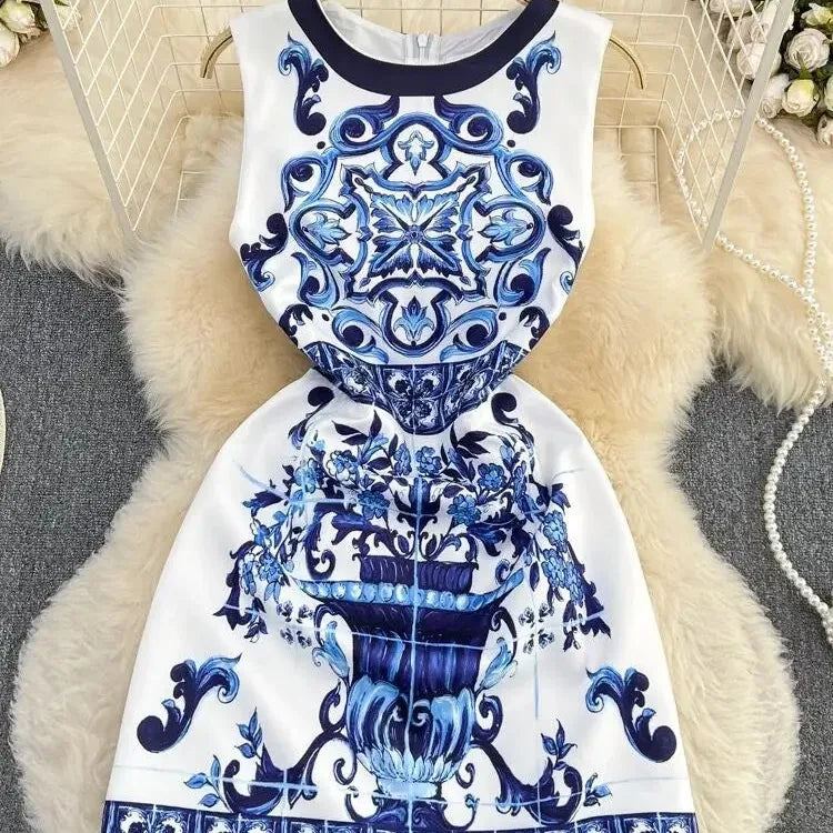 Fashion Runway Summer Short Dress Women's Sleeveless Elegant Blue And White Porcelain Flower Print Holiday Tank Mini Vestidos