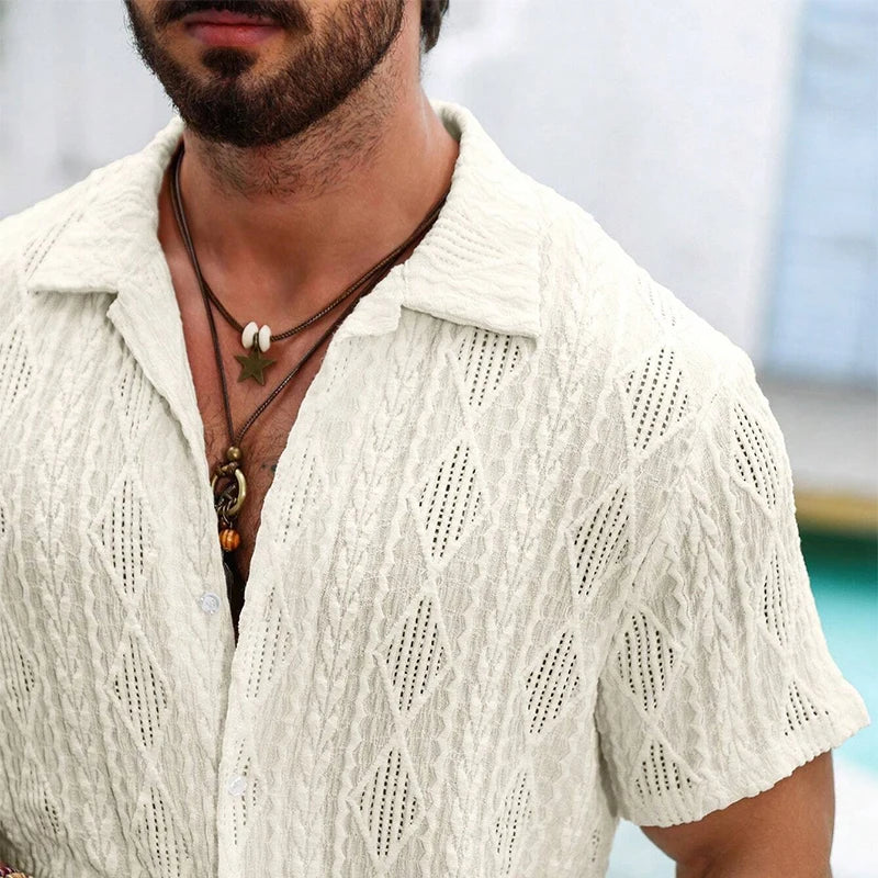 Beach Casual Breathable Mesh Lace Shirt Men Summer Vintage Hollow Out Lapel Button-up Cardigans Mens Shirts Short Sleeve Shirts