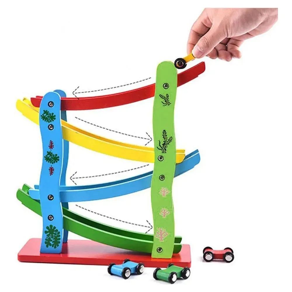1pc Wooden Ramp Racer Toddler Toys Race Track Car Games for Kids Boys Girls Gifts with 4 Small Racers
