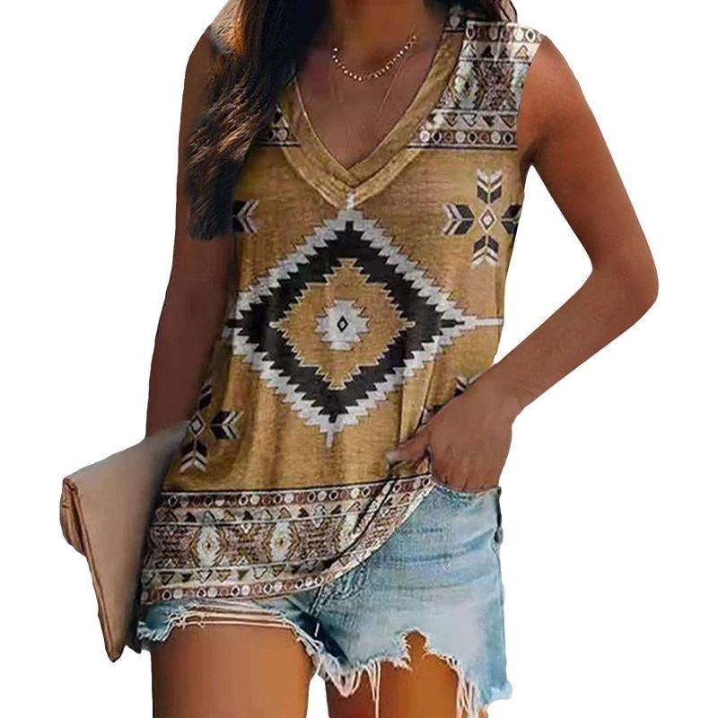 Women Ethnic Style Sleeveless T-shirt Vest Multi-pattern Print V-neck Casual Loose Shirts T-shirts with prints - Jointcorp