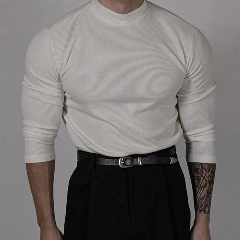 Fashionable Ribbed Solid Color Bottoming Tee Men Autumn Casual Mock Neck Long Sleeve Slim T-shirt For Mens Stylish Basic T Shirt