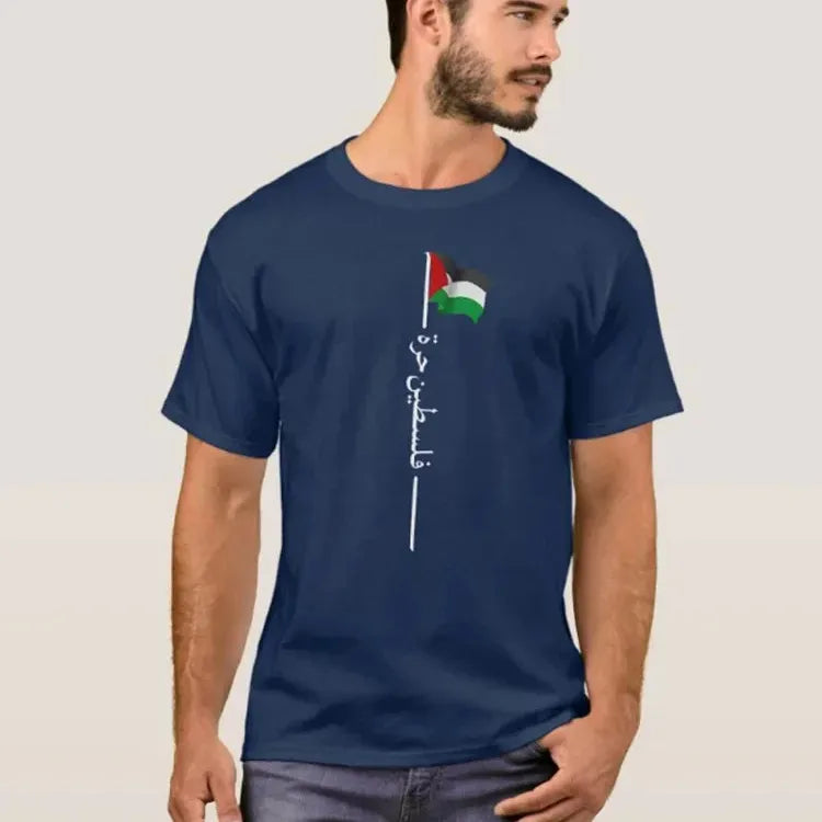 Palestinian Flag Arabic Font Flagpole Palestine T-Shirt 100% Cotton O-Neck Summer Short Sleeve Casual Mens T-shirt Size S-3XL