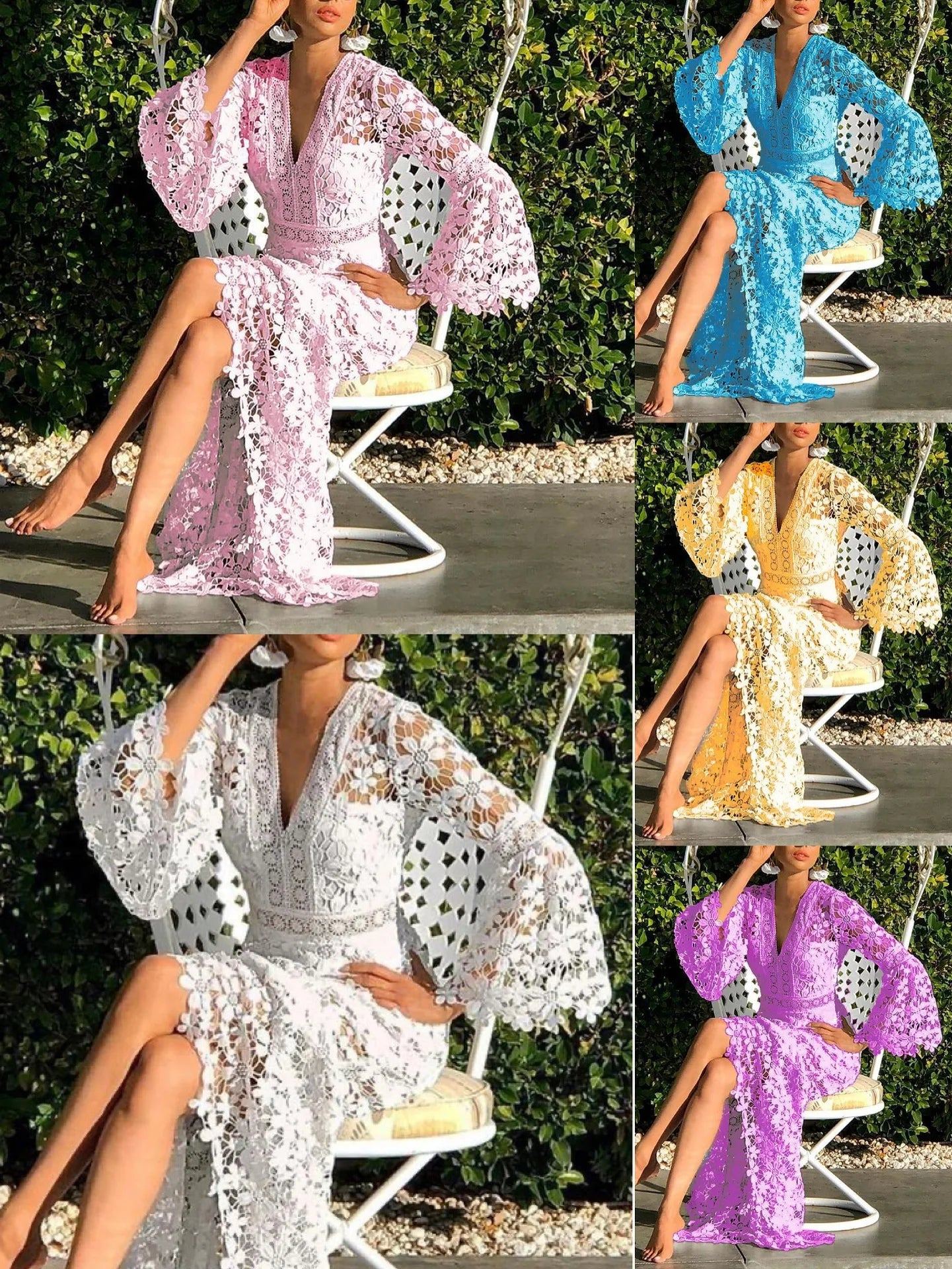 V Neck Crochet Hollowed Out Flare Sleeve Midi Dress Women Loose See Through Vestidos 2024 Sexy Party Beach Vacation Female Robes
