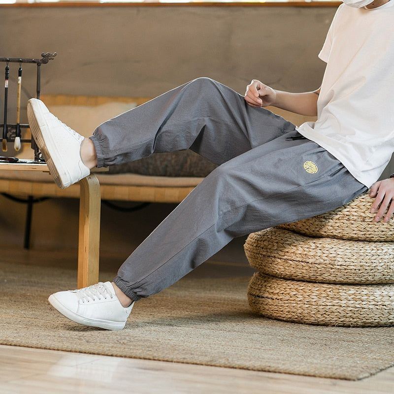 Cotton Linen Pants Men Fashion Embroidery Loose Pants Men's Street Jogging Pants - Jointcorp