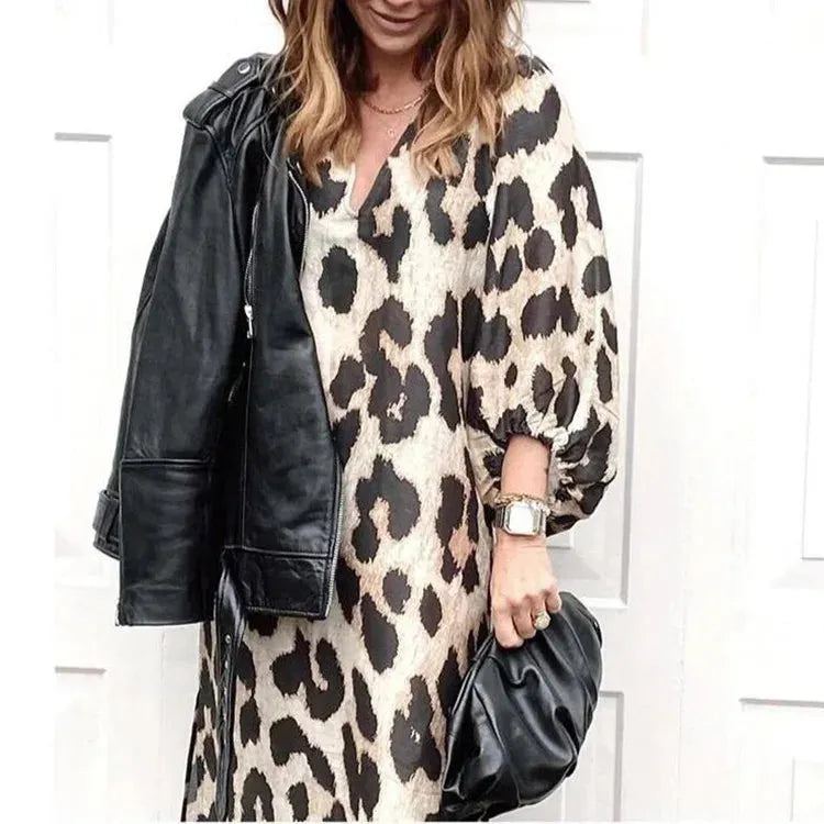Casual Leopard Print Dress Women Spring Summer V Neck Lantern Sleeve Elegant Party Dresses Vintage Holiday Streetwear