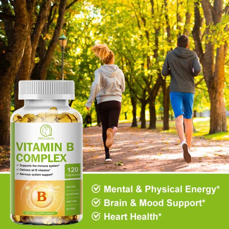 BBEEAAUU Super B Vitamin B Complex Capsules (Vitamin B1, B2, B3, B5, B6, B12, Folic Acid, Biotin, COQ10) Contain all B Vitamins