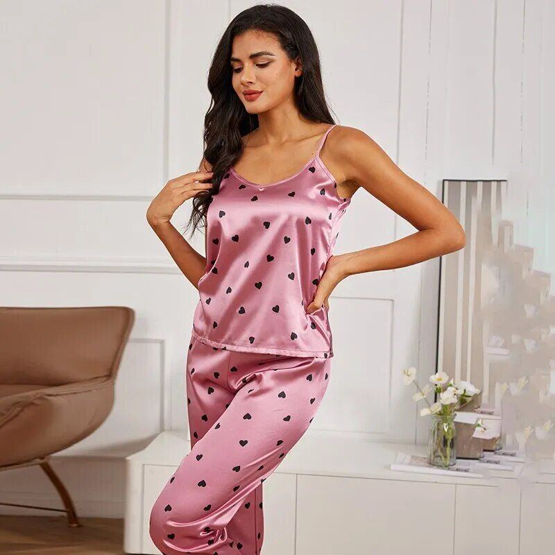 Two Pieces Women's Pajamas Set Summer Shorts Suit Heart Print Underwear V Neck Pyjamas Sexy Lingerie Camisoles Ladies Loungewear - Jointcorp