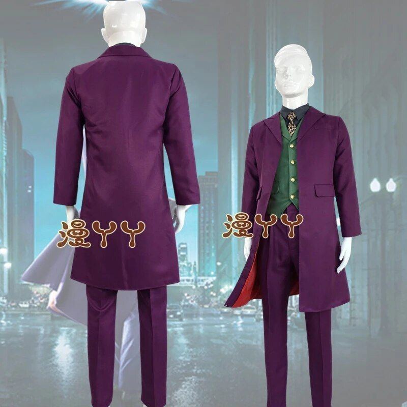 The Dark Knight Joker Cosplay Costume Movie Joker Heath Ledger Cosplay Suit Purple Jacket Uniform Blue Wig Mask For Adult
