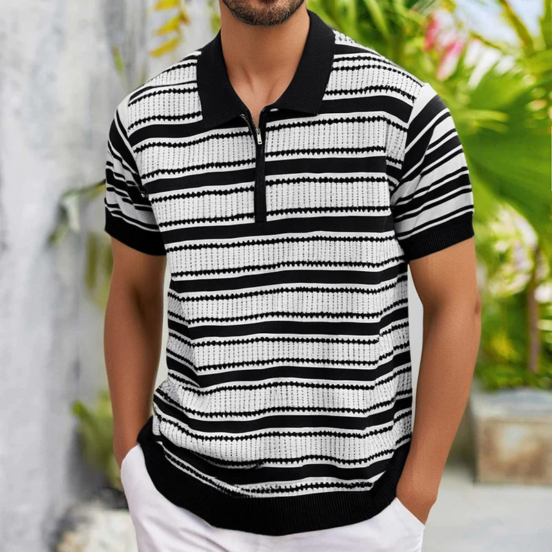 Fashion Striped Knitting Polo Shirts Men Short Sleeve Zip-up Polo Collar Shirt For Men Spring Summer Vintage Knitted Polo Shirt