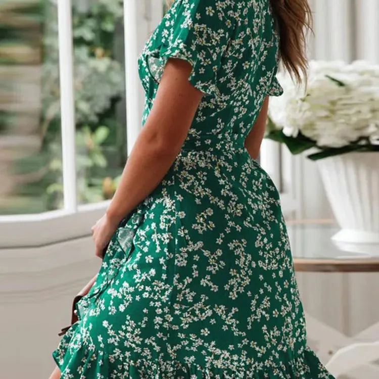 Boho Floral Print Ruffles Women Dress Summer Sexy V Neck Short Sleeve A Line Chiffon Mini Dresses Beach Vacation Sundress