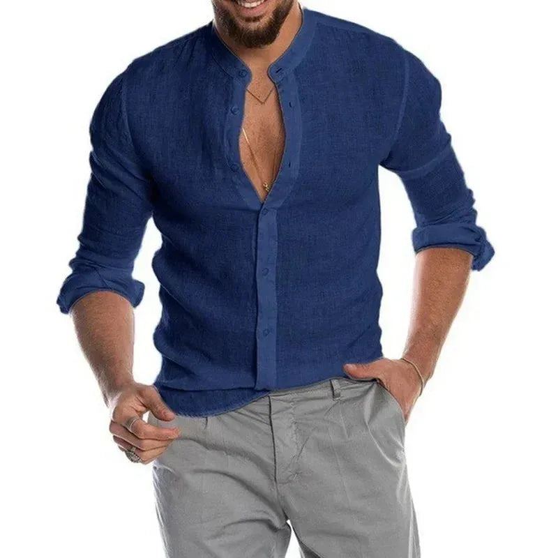 New Men's Fashion Casual Solid Color Shirt Pullover Button Linen Cotton Comfortable Daily Top Long Sleeve Shirt