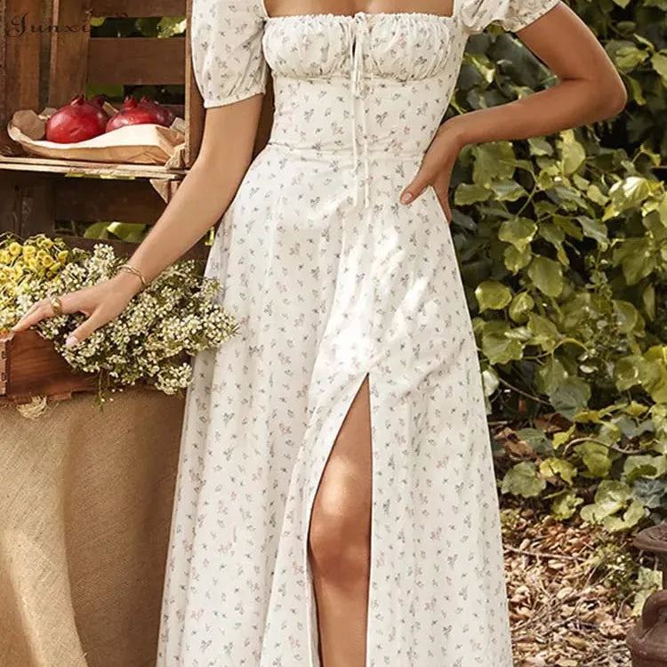 Women Floral Print Long Dress Summer Chic Short Sleeve Square Collar Split A Line Party Sundress Ladies Holiday Beach Vestidos