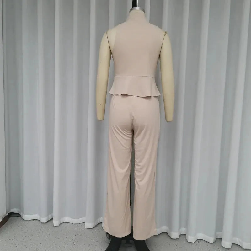 Women Two Piece Trend Fashion Round Neck Solid Zipper Sleeveless Tank Top Loose With Pockets Pants Sets Streetwear