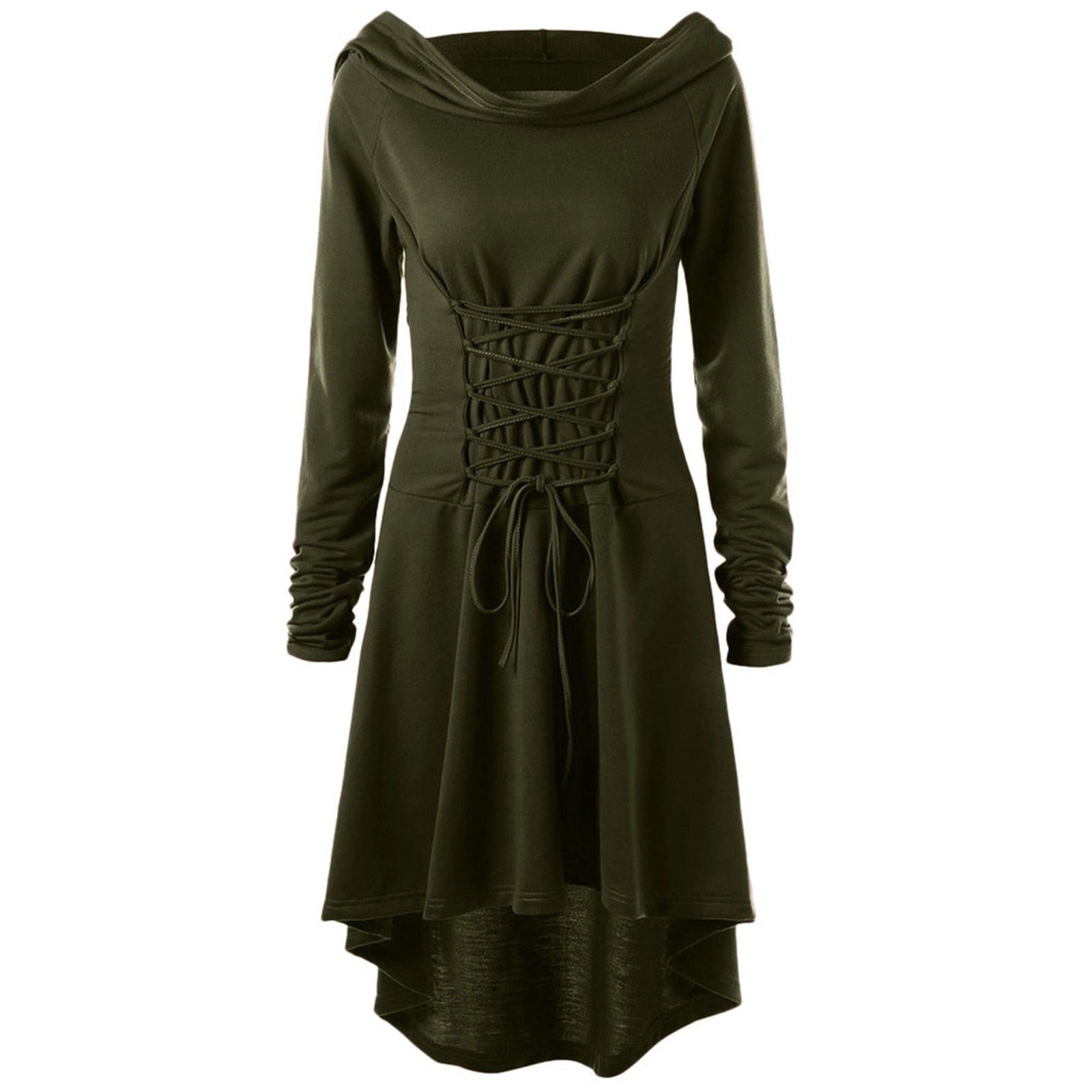 Medieval Women Archer Costume Long Sleeve Hooded Pixie Cosplay Dress Renaissance Femal Hunter Larp Robe Bandage Plus size s-4XL