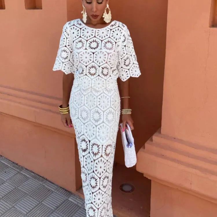 Women Elegant White Crochet Hollow Out Skirt Two Pieces Sets Chic Half Sleeve Top Set 2024 Lady Summer Holiday Party Outfit