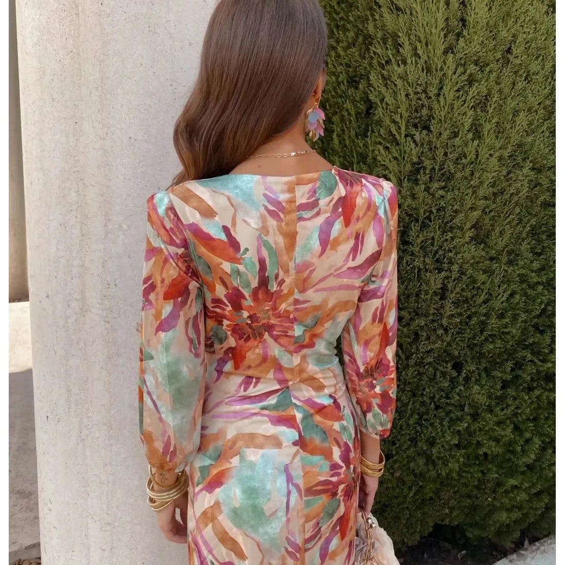 Women Chic Floral Printed Long Dresses Elegant Long Sleeve Hollow Out Robes 2024 Summer Vacation High Street Party Vestidos