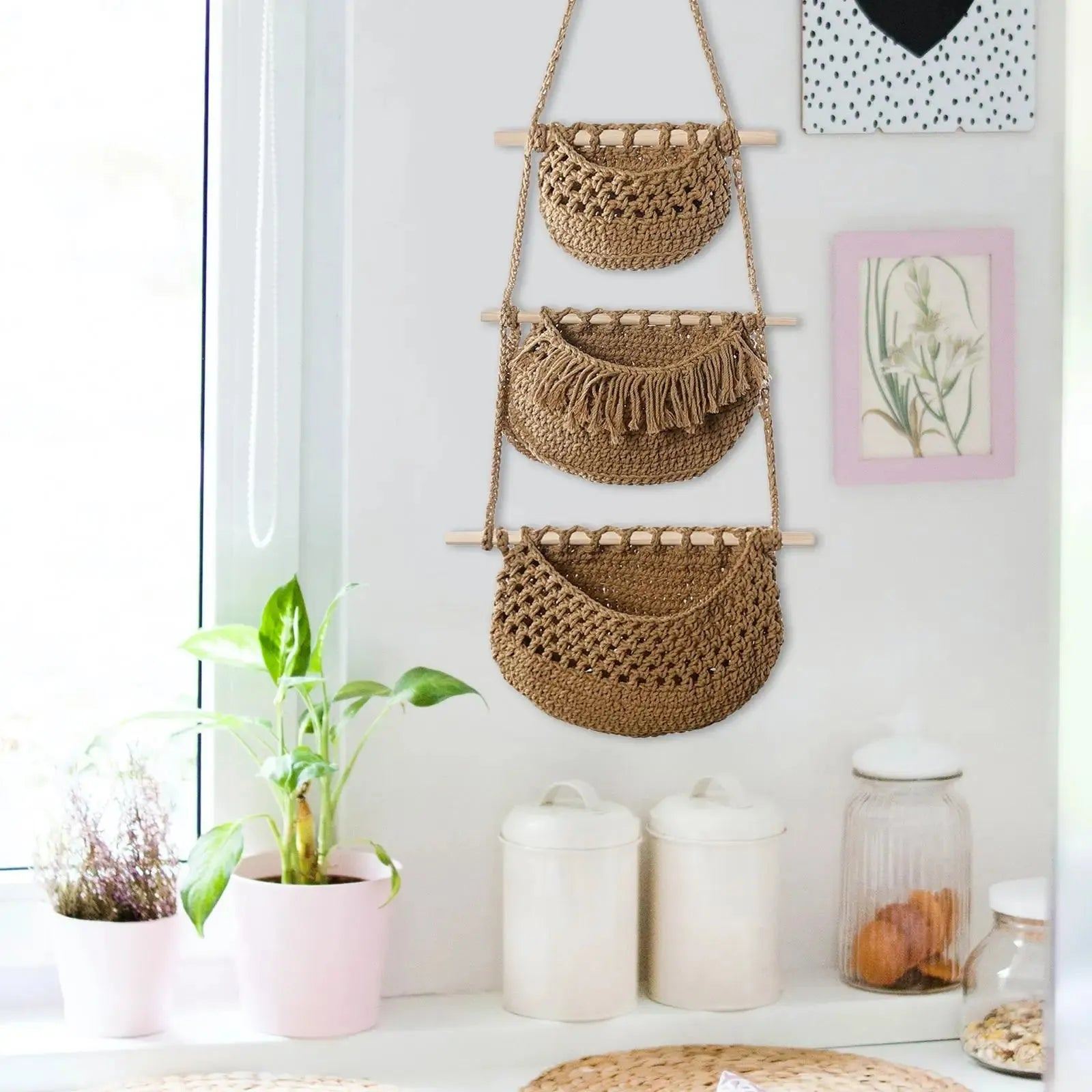 Hanging Fruit Baskets Multipurpose Boho Decor Handwoven Indoor Planter Holder for Organizing Onion Vegetables Potato Kitchen