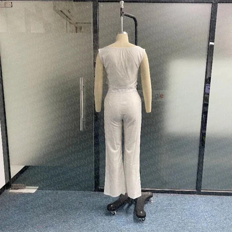 Women Two Piece Set Casual Sleeveless Solid Round Neck Vest Top Straight Loose Pants Sets High Streetwear