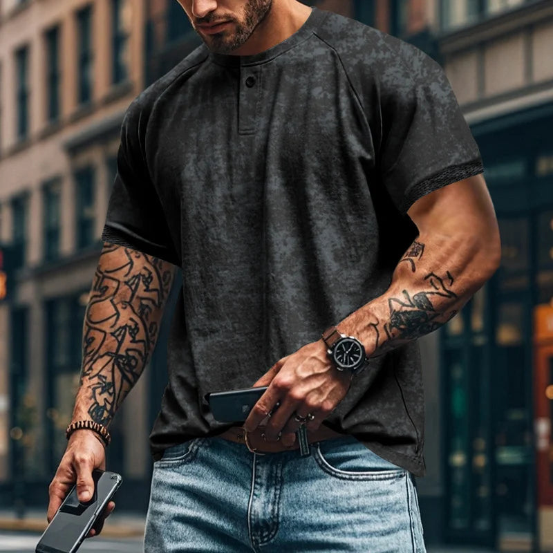 2024 Summer Daily Casual Mens T Shirts Oversize Short Sleeve Solid Color Buttoned Crew Neck Pullover Tees Men Clothes Fashion