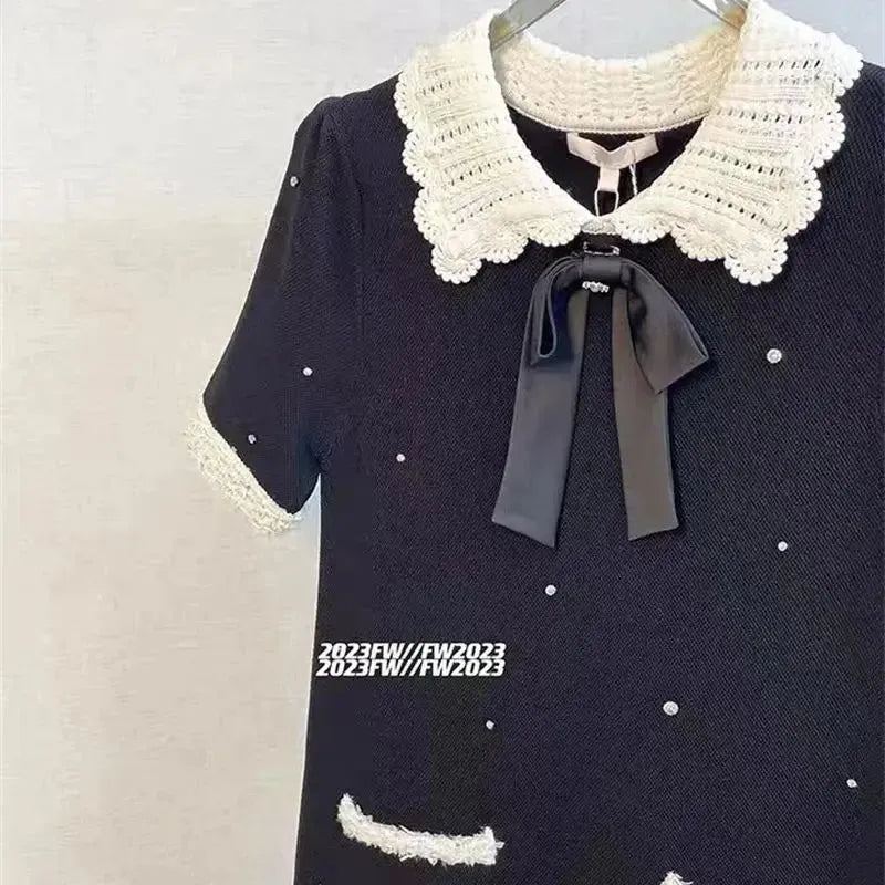 Spring New Vintage Beading Women's Knitted Mini Dress Elegant Bow Peter Pan Collar Short Sleeve Sweet A-Line Party Dresses K151