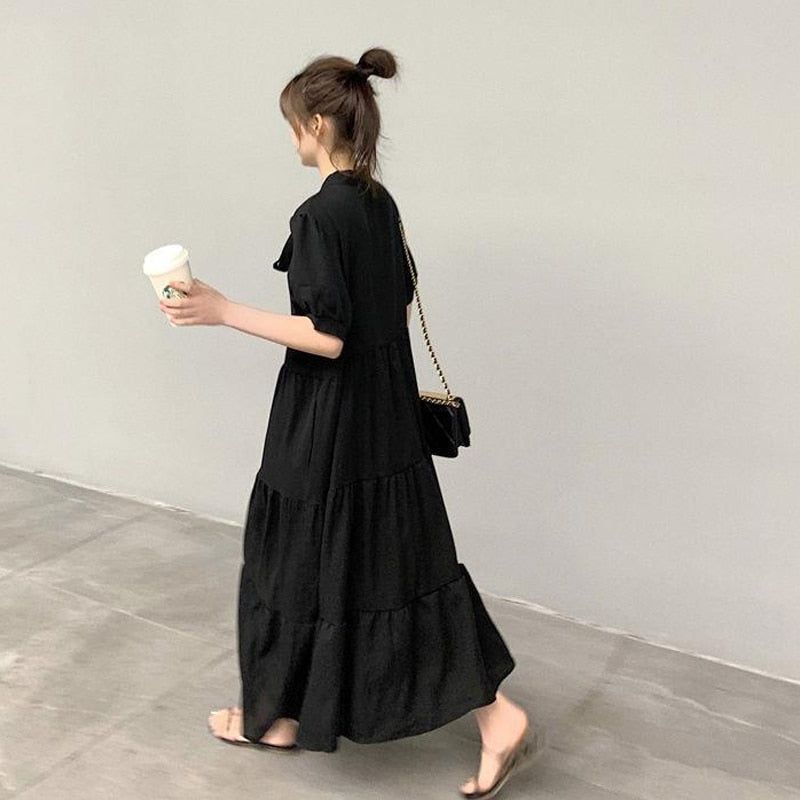 Summer New Solid Pleated Lacing Long Dress Bow Short Sleeve Loose Plus Size Casual Dresses Simplicity Fashion Women Clothing - Jointcorp