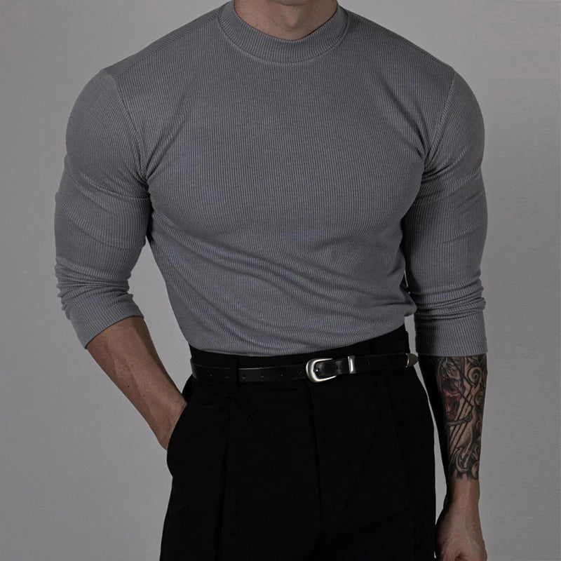 Fashionable Ribbed Solid Color Bottoming Tee Men Autumn Casual Mock Neck Long Sleeve Slim T-shirt For Mens Stylish Basic T Shirt