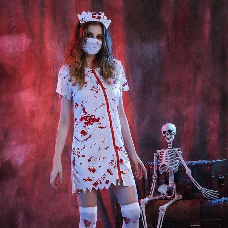 Halloween Costumes for Women MenCosplay Doctors Nurses Dress Jacket Coat with Hat Mask Scary Clothing Horrible Skirt Bloodstain