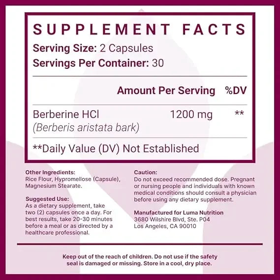 Berberine Supplement -1200mg Per Serving - Berberine HCI - Berberine Plus -60 Capsules