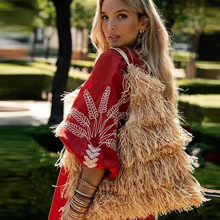 Embroidery Linen Long Lantern Sleeve Women Maxi Dress Loose V Neck Dresses Female Fashion Elegant Lady Robe 2024 Spring Summer