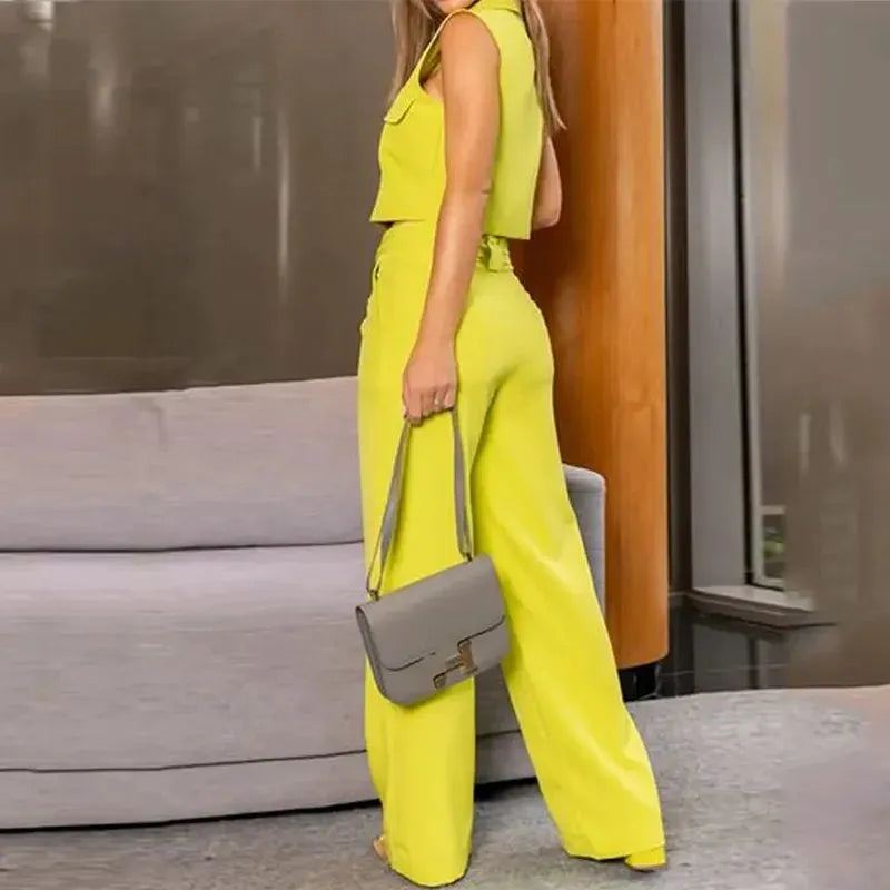 Women Two Piece Set Fashion Lapel Solid Single Row Button Sleeveless Top Loose Wide Legs Lace Up Pockets Pants Sets