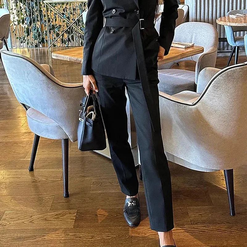 Women Blazer Suit Autumn Women Office Simple Lapel Long Sleeve Double Breasted Button Top Straight Pants Sets Streetwear