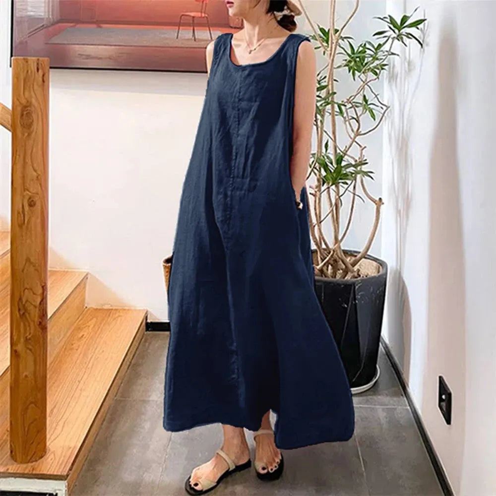 Summer New Cotton Linen Dress Women Solid Color Casual Round Neck Long Sleeveless Dress Holiday Simple Pockets Loose Beach Dress