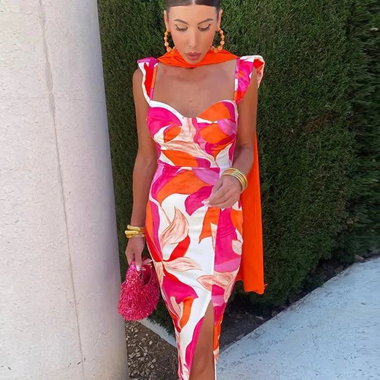 2024 New Contrast Print Split Dress For Women Fashion Slim Sleeveless Chest Wrapping Robes Chic Lady Party Vacation Vestidos