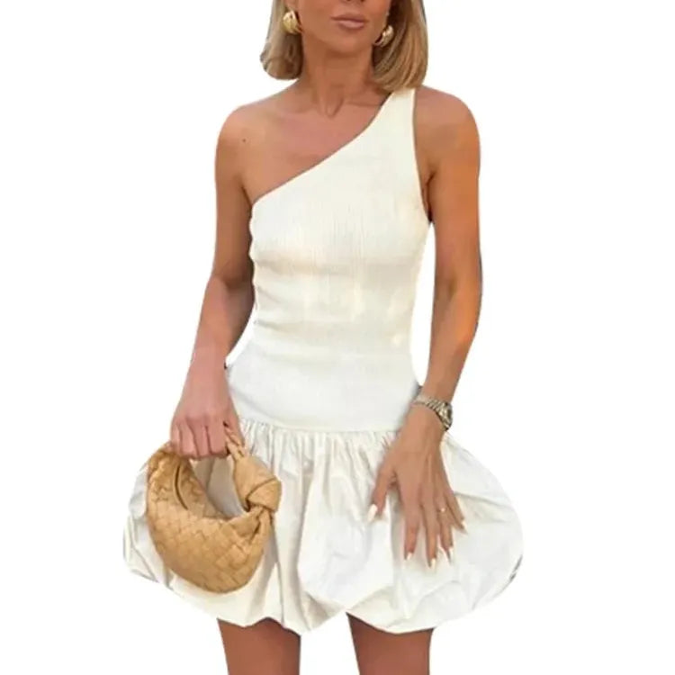 Knit One Shoulder Mini Dress Women Casual Slim White Sleeveless Female Dresses 2024 Spring Summer Elegant Chic Fold Lady Vestido