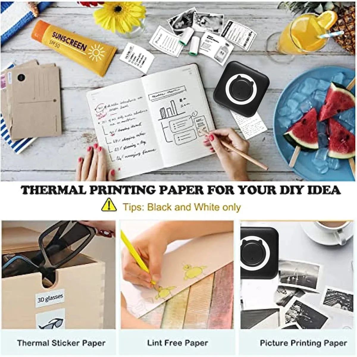Mini Portable Thermal Printer Paper Photo Pocket Thermal Printer Printing Wireless BT Connect Printers 200dpi Photo Lable