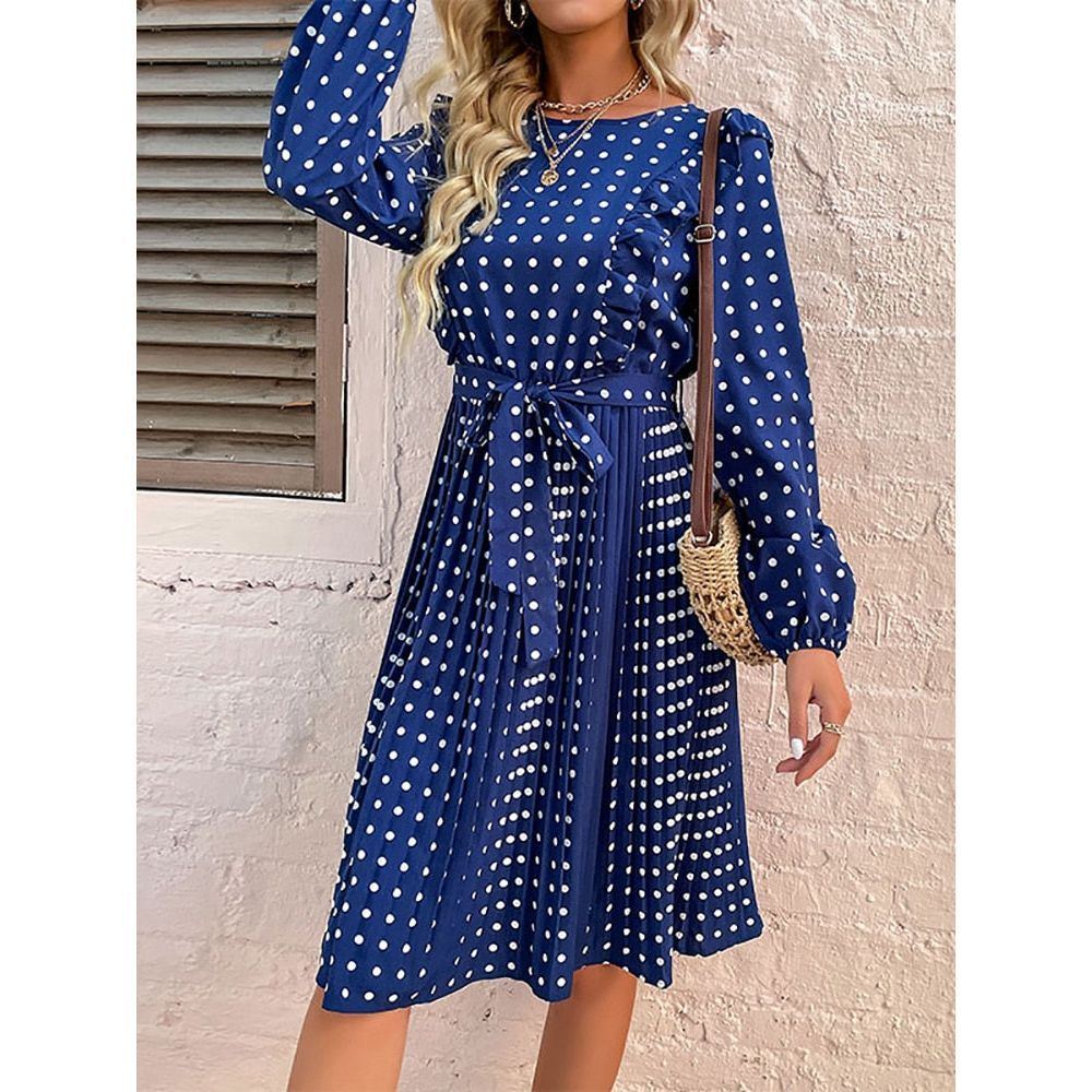 Ladies Vintage Dot Print Mini Dress Women Casual O Neck High Waist Slim Ruffles Spring Autumn Women Female Vestidos - Jointcorp