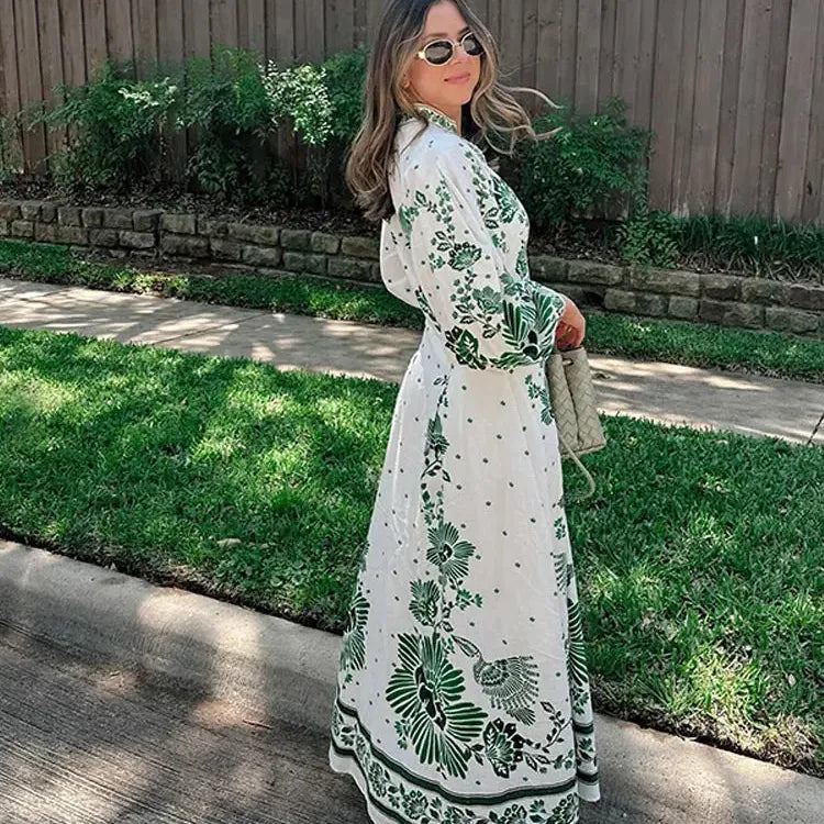 Chic Green Print Single Breast Maxi Dress Women Elegant Lapel Long Lantern Sleeves Long Robes 2024 New Beach Vocation Vestido