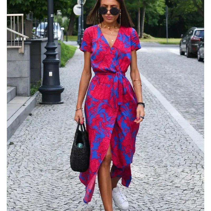 Summer Fashion New Floral Printed Mid-Length V-Neck Dress Split Vacation Style Dresses