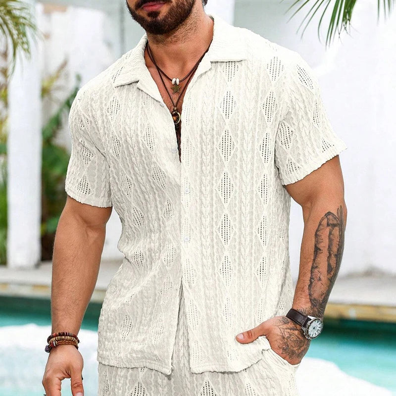 Beach Casual Breathable Mesh Lace Shirt Men Summer Vintage Hollow Out Lapel Button-up Cardigans Mens Shirts Short Sleeve Shirts