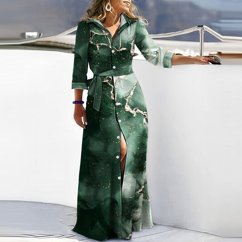 Printed Shirt Dress Women Elegant Long Dress + Long Sleeve Vintage dresses - Jointcorp