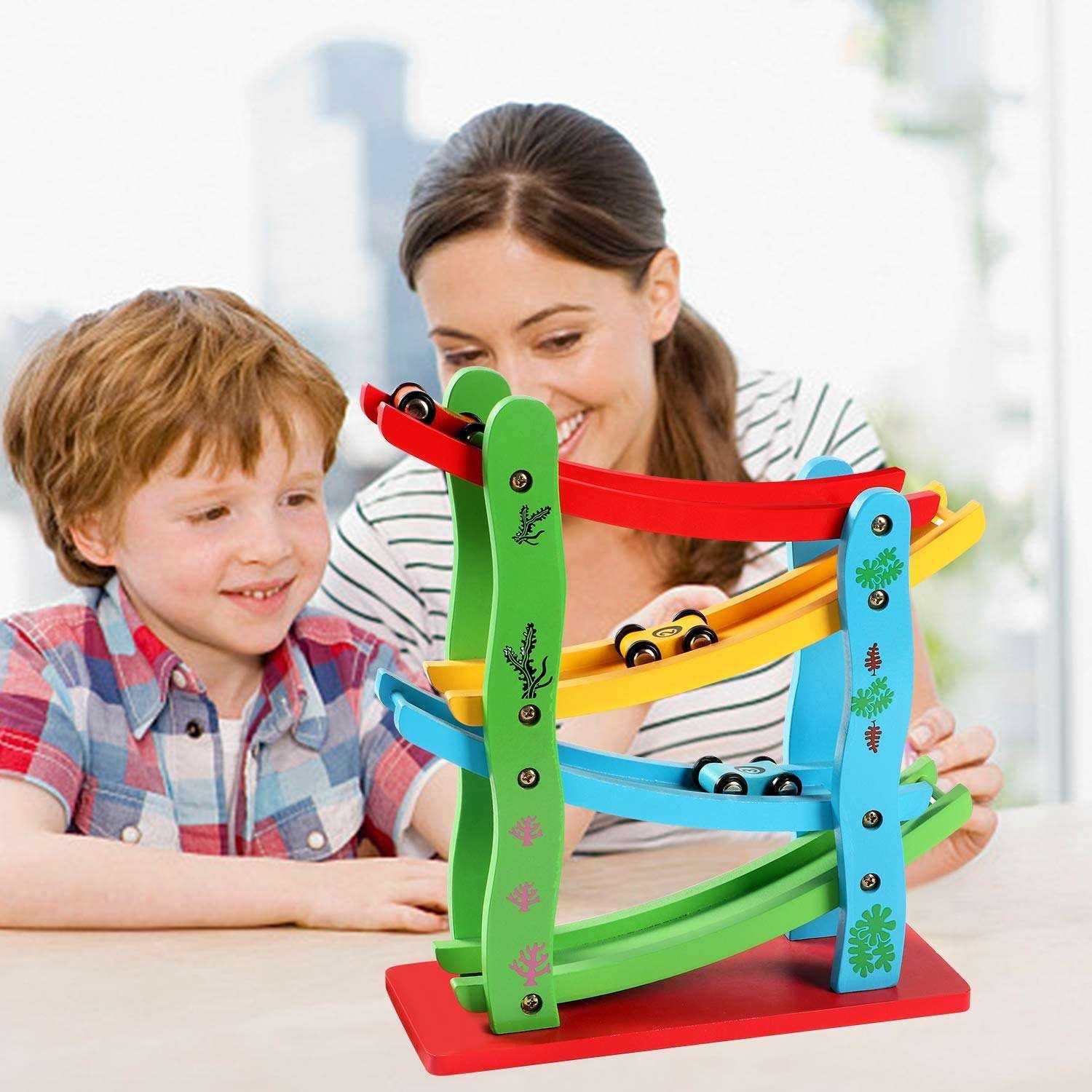 1pc Wooden Ramp Racer Toddler Toys Race Track Car Games for Kids Boys Girls Gifts with 4 Small Racers