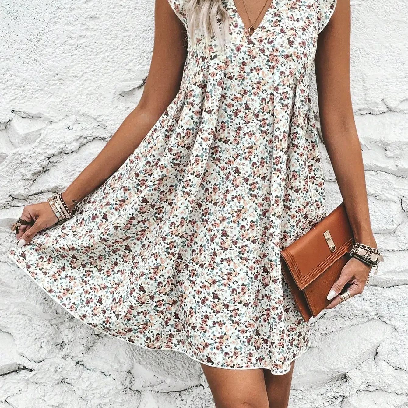 Summer new fashionable V-neck ruffle sleeve floral print short loose casual leak back lace up women's dress, Rear car sexy dress