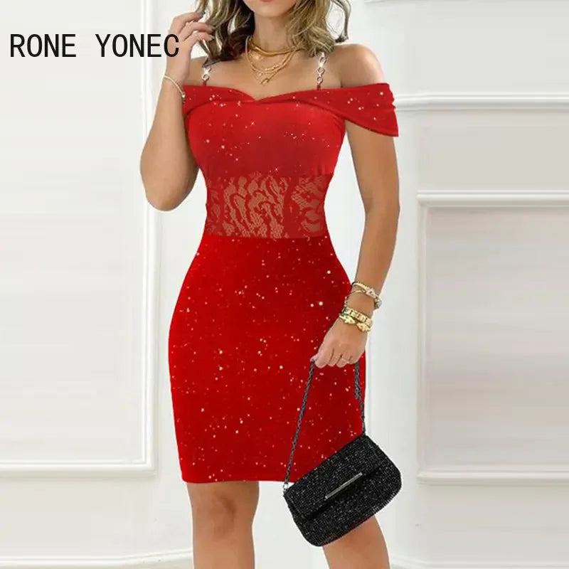 Women Glitter Lace Patch Chain Decor Straps Slash Collar Bodycon Mini