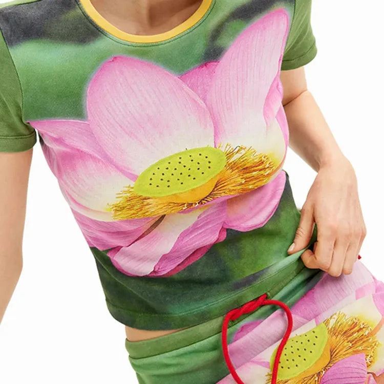 Women Fashion Print 2 Piece Skirt Sets Chic O Neck Half Sleeve T-shirt Sports New In Matching Sets Lady Summer Y2k Street Outfit