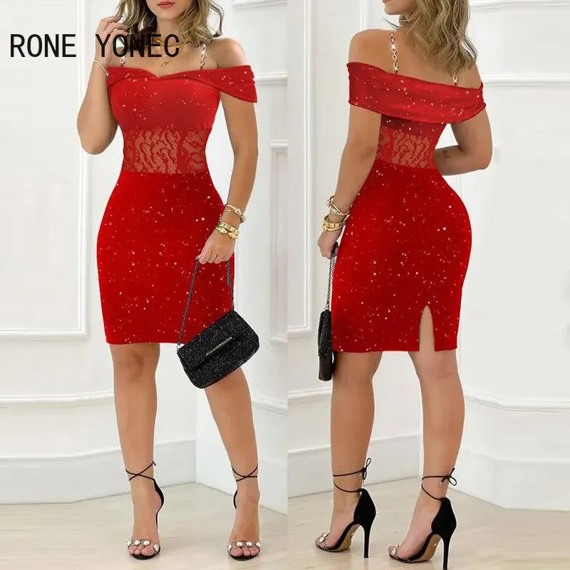Women Glitter Lace Patch Chain Decor Straps Slash Collar Bodycon Mini Party Red Dress
