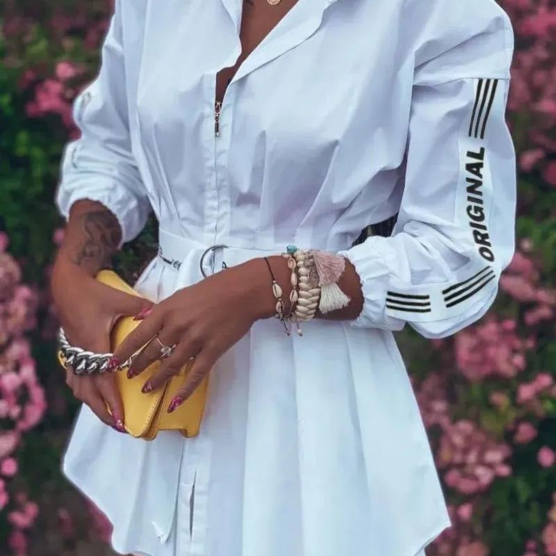 Fashion Long Sleeve Letter Print Shirt Dress Women Spring Pleated Lace Up Dresses For Women 2023 Office Elegant Zipper Vestidos