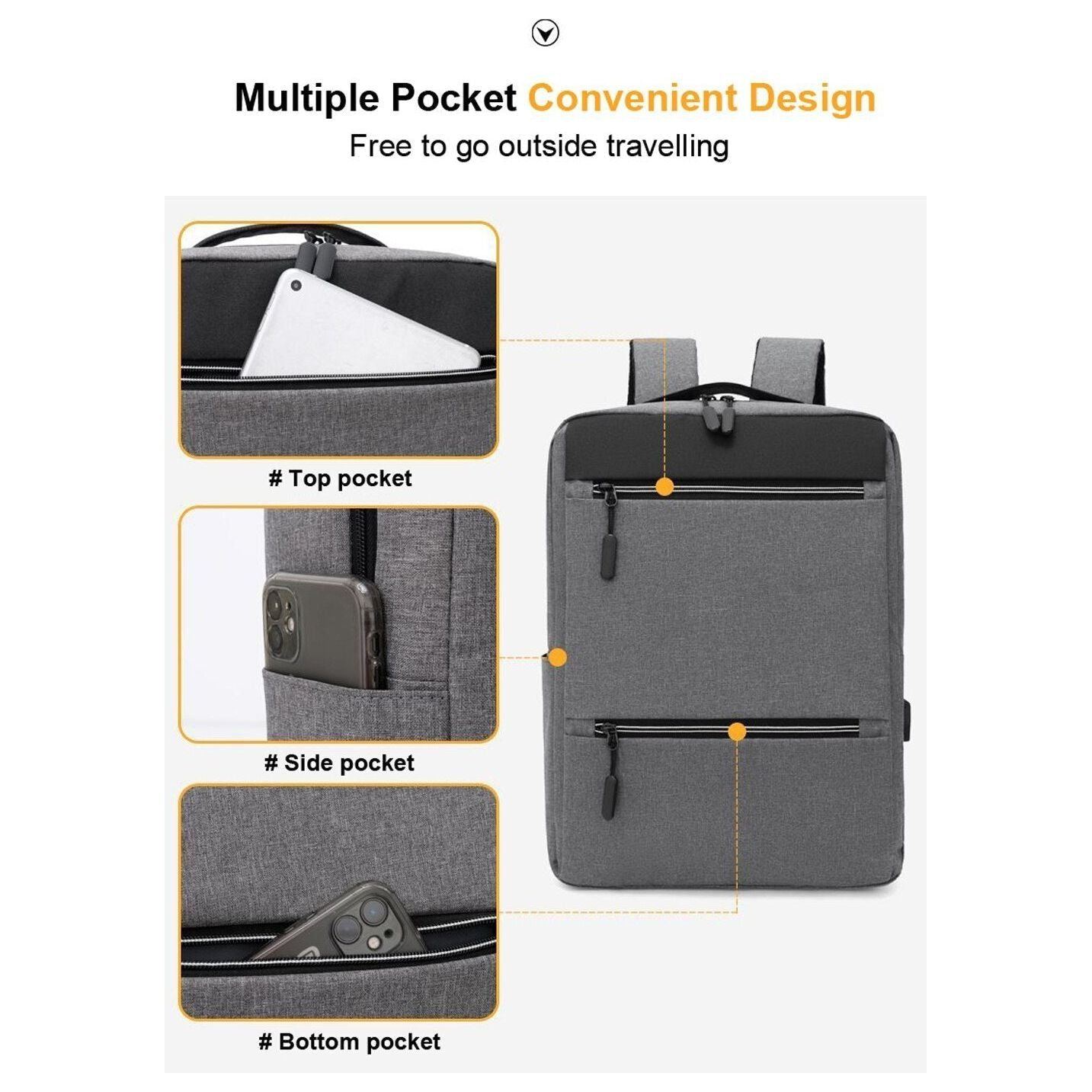 Business Style Black Gray Unisex USB Charging Laptop Backpack Bag