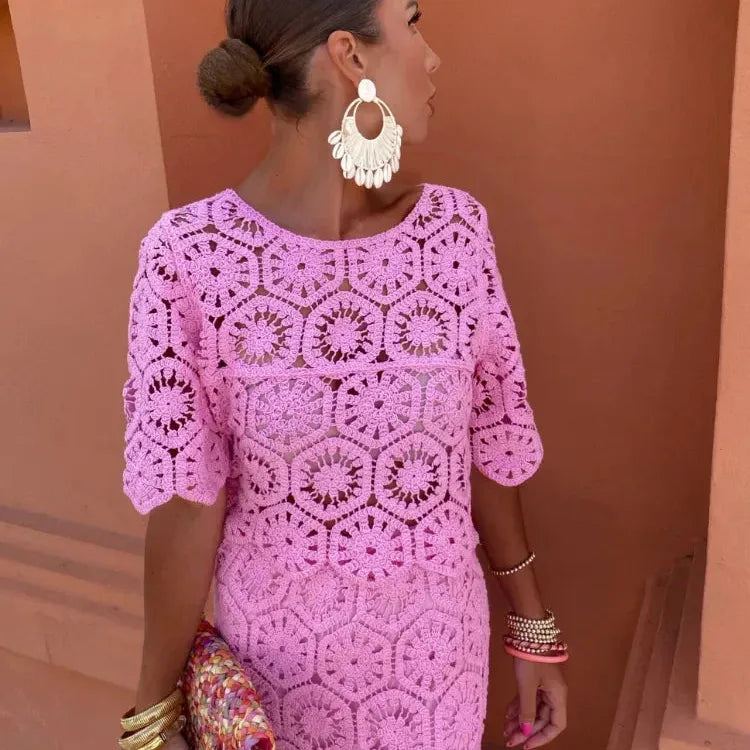 Women Elegant White Crochet Hollow Out Skirt Two Pieces Sets Chic Half Sleeve Top Set 2024 Lady Summer Holiday Party Outfit