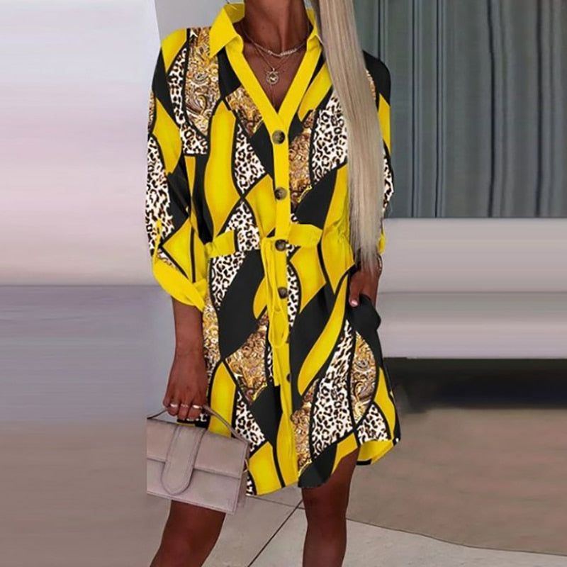 Dress Women Turn Dwon Collar Button Print Mini Dresses For Women Vintage dresses - Jointcorp